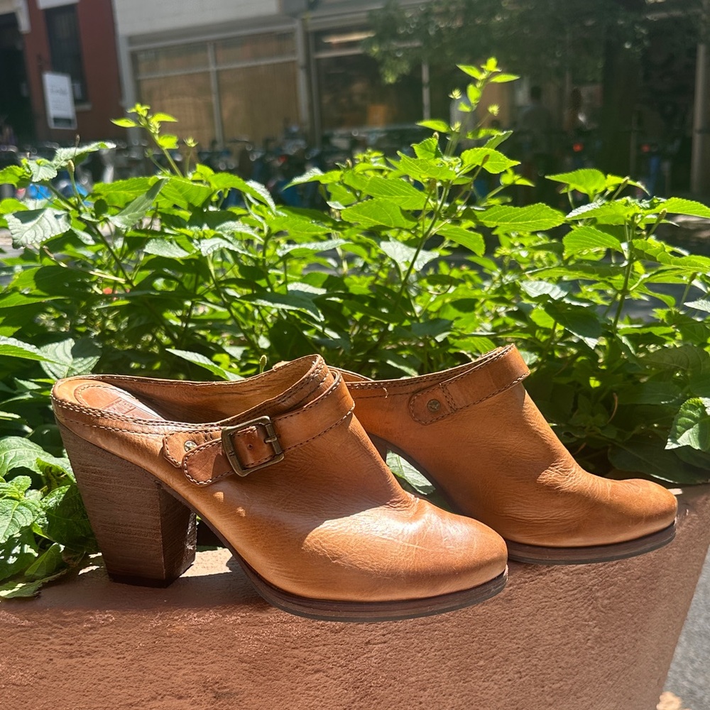 Frye Tan Leather Women's Mules with Buckle